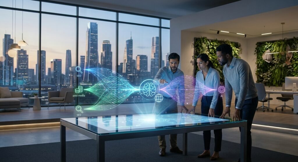 Equipe integrando SEO, mídia paga e inteligência artificial em uma estratégia digital